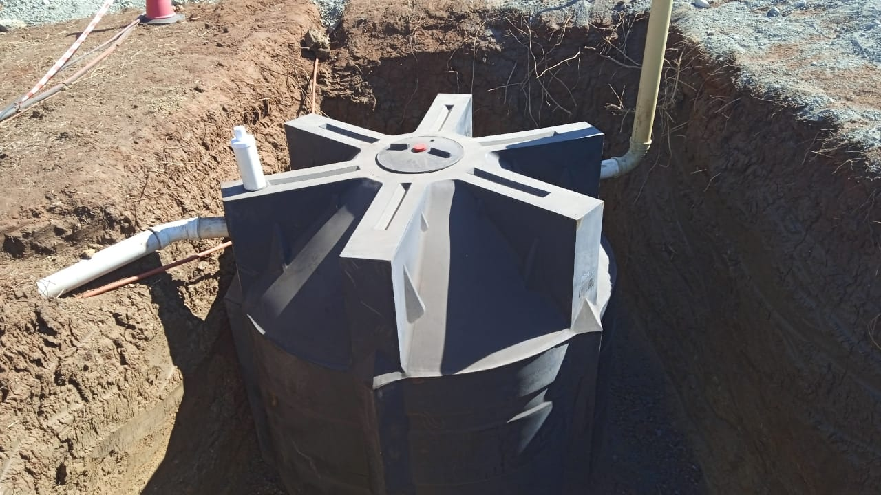 Septic tank installation in excavated site